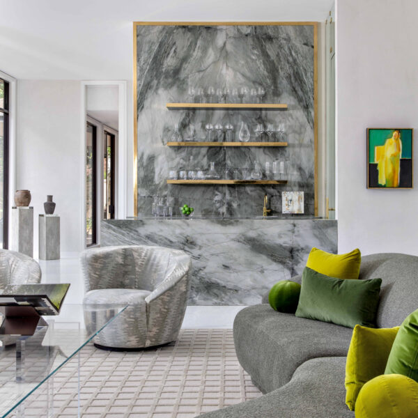 Talbot Cooley Interiors gray green marble bar living room red award winner