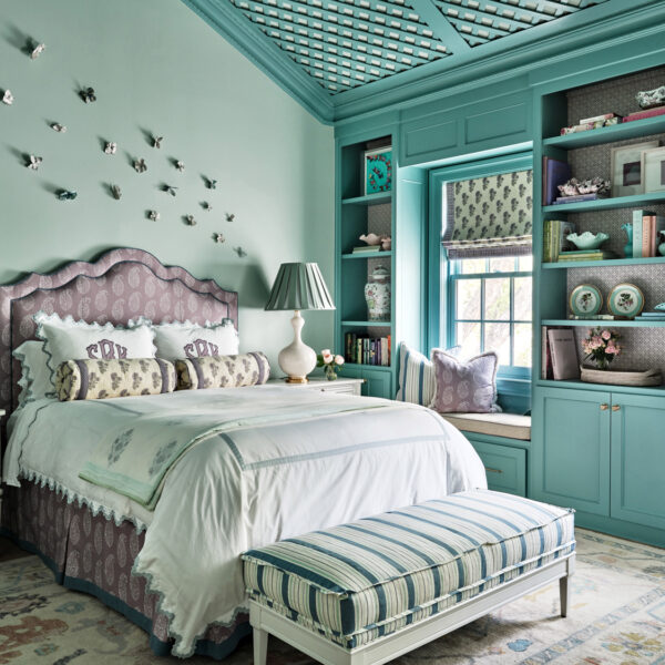 Tori Rubinson Interiors teal bed room with lavender headboard