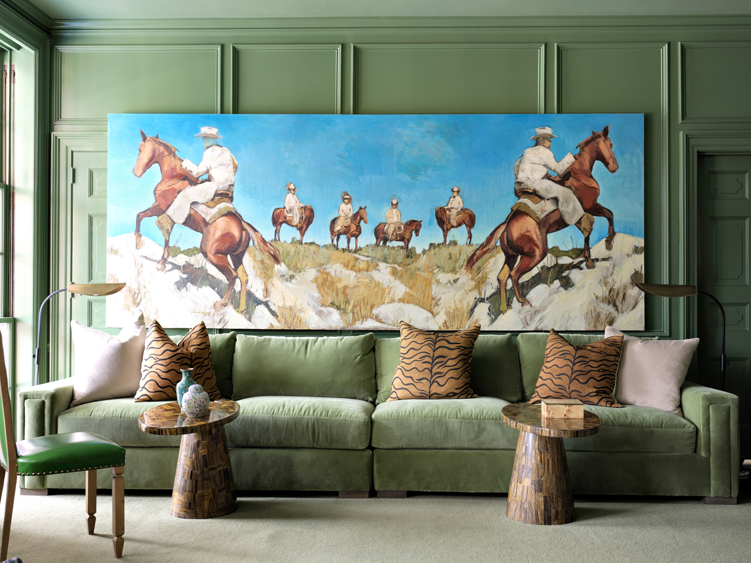 Melanie Turner Interiors green living room with painting of horses