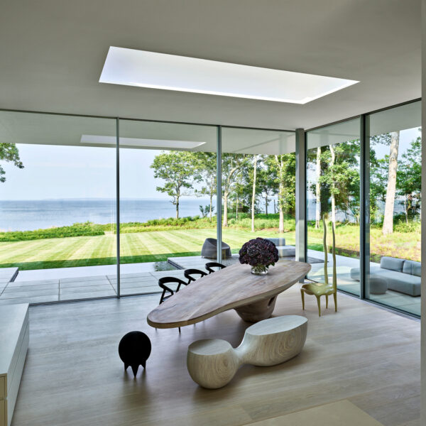Window-lined room with sculptural furnishings. RED Winner.