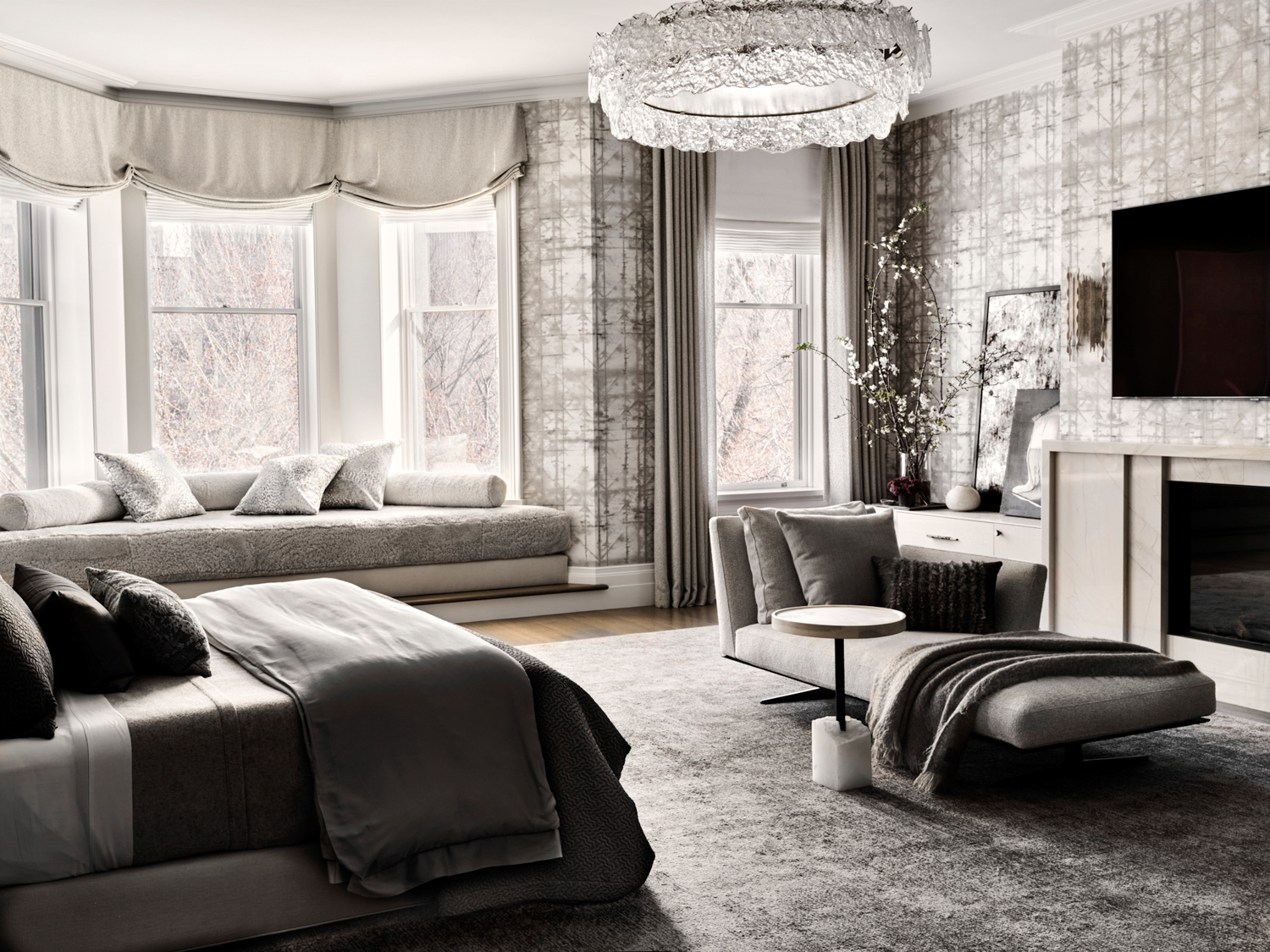 Nicole Hogarty Designs grey bedroom with fireplace chandelier Best of the Rest Interior Design RED Winner