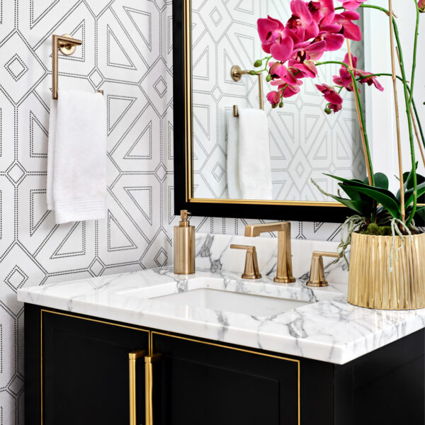 Haven Design and Construction powder room geometric, beaded wallpaper gold accents Jewel Box Space RED Winner