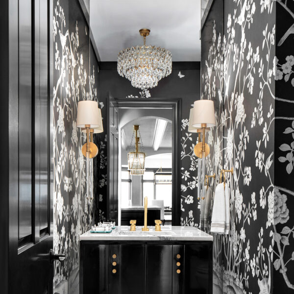 Amy Carman Design powder room lacquered black vanity Schumacher wallpaper mirrored wall with an antique-mirror Jewel Box Space RED Winner