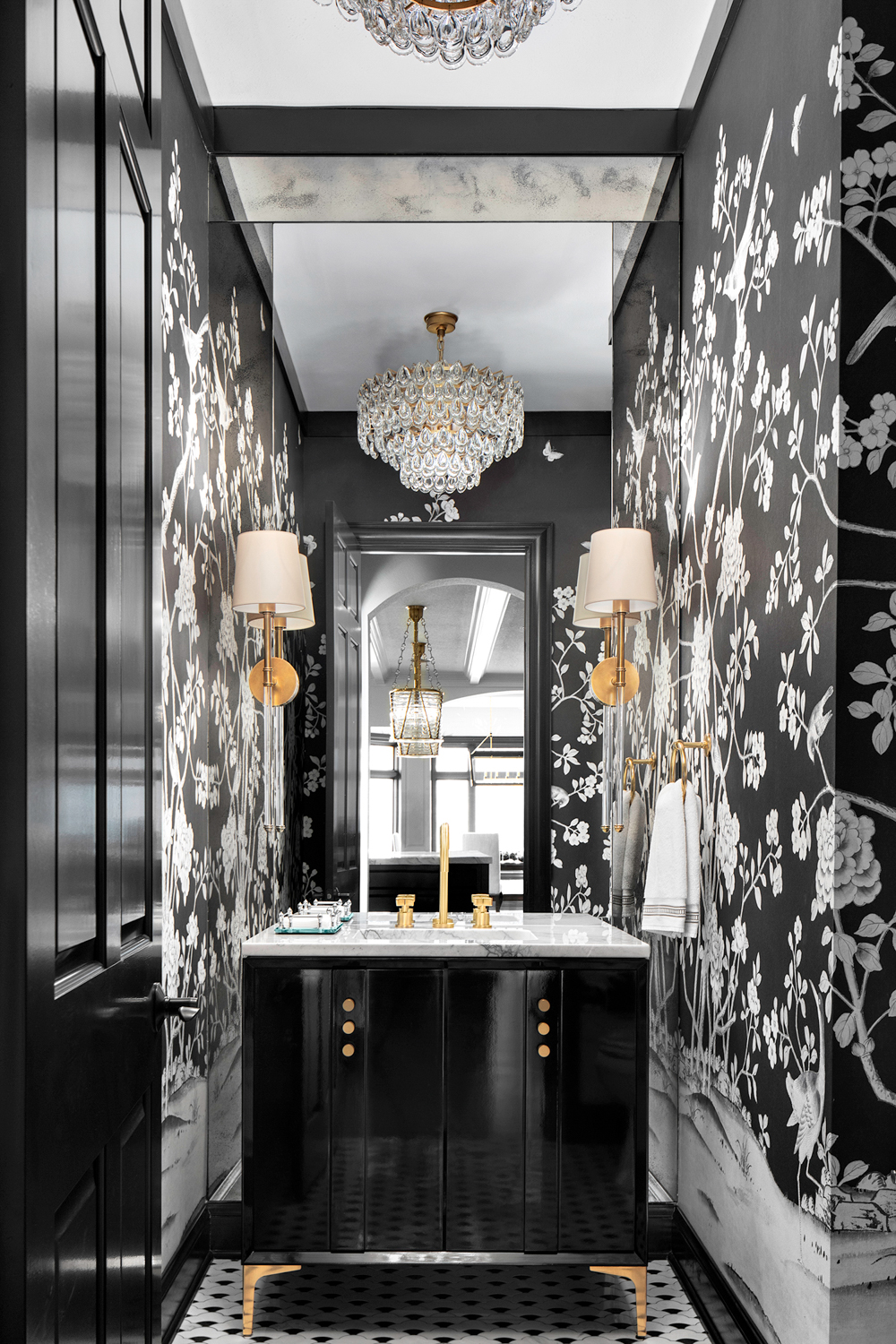 Amy Carman Design powder room lacquered black vanity Schumacher wallpaper mirrored wall with an antique-mirror Jewel Box Space RED Winner