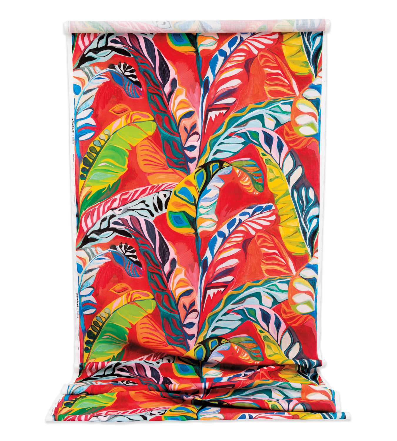 Red fabric with multicolor palm leaf print. RED Winner.