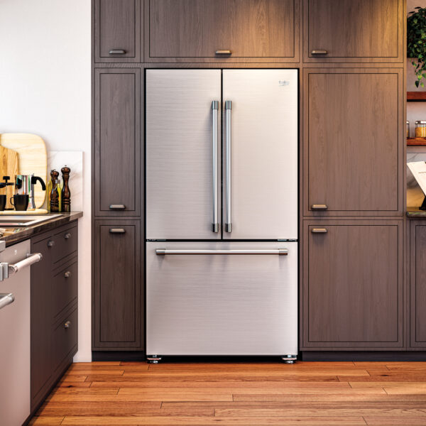 A stainless steel refridgerator with pull-out freezer sits in a wooden kitchen. RED Winner.
