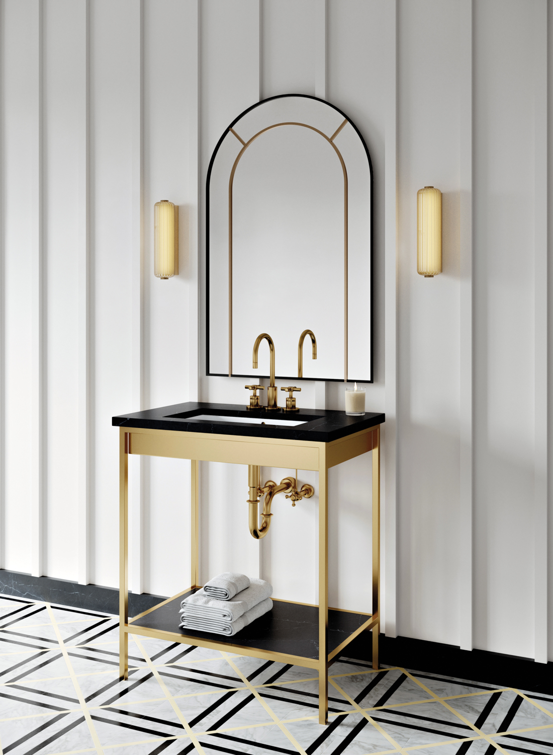 Two minimalistic gold scones flank an arched mirrow over a pedestal sink. RED Winner.
