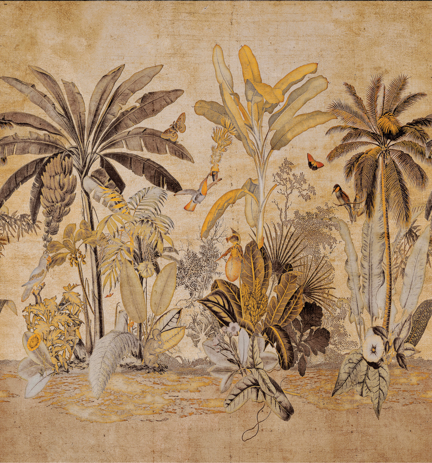 An orange-hued mural with tropical imagery. RED Winner.