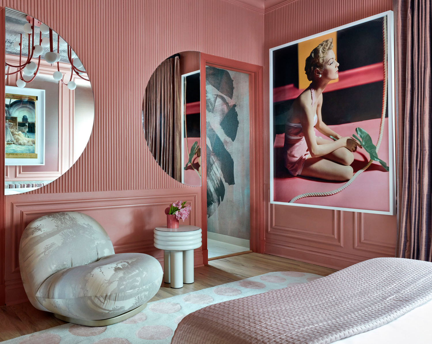 A ornate pink bedroom with retro finishes. RED Winner.